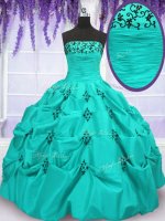 Discount Mermaid Floor Length Lace Up Quinceanera Dress Aqua Blue for Military Ball and Sweet 16 and Quinceanera with Embroidery and Pick Ups(SKU PSSW097-3BIZ)