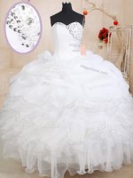 Glorious Sweetheart Sleeveless 15 Quinceanera Dress Floor Length Beading and Ruffles and Pick Ups White Organza