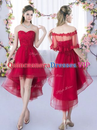 Wine Red Sleeveless Tulle Lace Up Vestidos de Damas for Wedding Party
