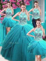 Sweet Four Piece Tulle Halter Top Sleeveless Lace Up Beading and Pick Ups Sweet 16 Quinceanera Dress in Aqua Blue(SKU PSSW0372MTDTA2-1BIZ)