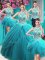Sweet Four Piece Tulle Halter Top Sleeveless Lace Up Beading and Pick Ups Sweet 16 Quinceanera Dress in Aqua Blue