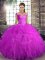 Shining Floor Length Fuchsia Quinceanera Gowns Tulle Sleeveless Beading and Ruffles
