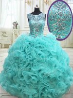 Charming Scoop See Through Fabric with Rolling Flowers Sleeveless Beading Lace Up Quinceanera Dresses
