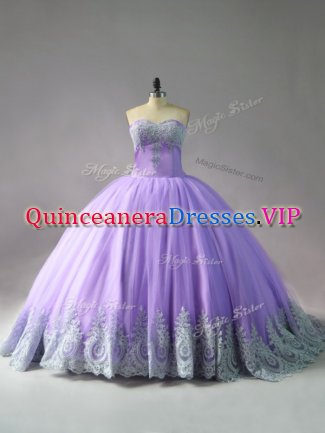 Fancy Lavender Sleeveless Tulle Court Train Lace Up Sweet 16 Quinceanera Dress for Sweet 16 and Quinceanera