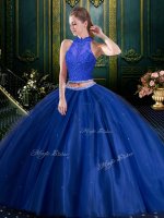 Navy Blue Two Pieces Beading and Lace Quince Ball Gowns Lace Up Tulle Sleeveless Floor Length