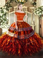Rust Red Quinceanera Dress Military Ball and Sweet 16 and Quinceanera with Ruffles Off The Shoulder Short Sleeves Zipper