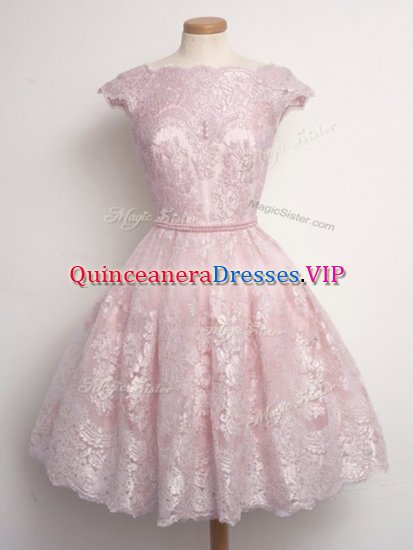 Baby Pink Cap Sleeves Lace Knee Length Dama Dress for Quinceanera - Click Image to Close