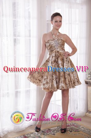 Anna Maria FL Print Sexy Halter A-Line / Princess Knee-length Quinceanera Dama Dress With Beading