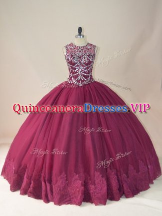 Top Selling Floor Length Burgundy Sweet 16 Dress Tulle Long Sleeves Beading and Appliques