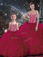 Burgundy Ball Gowns Beading and Ruffles Quince Ball Gowns Lace Up Organza Sleeveless Floor Length