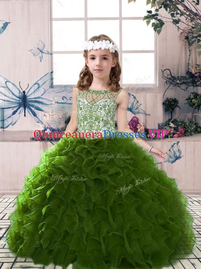 Sleeveless Floor Length Beading and Ruffles Lace Up Pageant Gowns For Girls with Olive Green - Click Image to Close