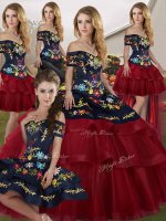Wine Red Tulle Lace Up Sweet 16 Dresses Sleeveless Brush Train Embroidery and Ruffled Layers(SKU SJQDDT2152010BIZ)