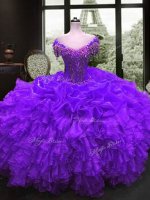 Organza Sweetheart Cap Sleeves Lace Up Beading and Ruffles Vestidos de Quinceanera in Purple(SKU SJQDDT944002-3BIZ)