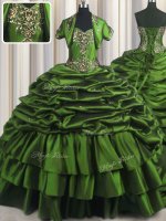 Lovely Sweetheart Sleeveless 15th Birthday Dress With Brush Train Beading and Appliques and Pick Ups Green Taffeta(SKU PSSW0393-8BIZ)