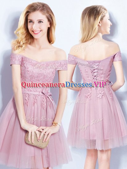 Pink Empire Tulle Off The Shoulder Sleeveless Appliques and Belt Mini Length Lace Up Court Dresses for Sweet 16 - Click Image to Close