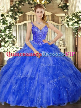 Floor Length Royal Blue Quinceanera Gown V-neck Sleeveless Lace Up