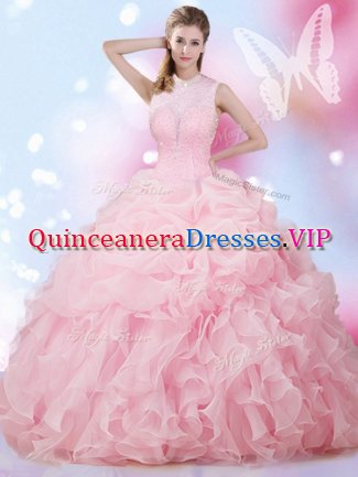 High End Baby Pink Sleeveless Floor Length Beading and Ruffles and Pick Ups Lace Up Quince Ball Gowns