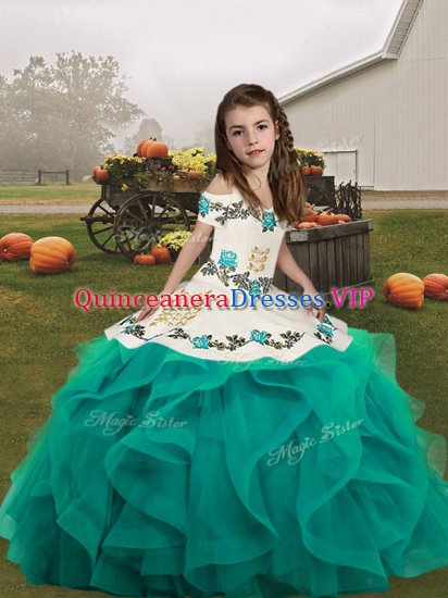 Teal Sleeveless Embroidery Floor Length Pageant Gowns For Girls - Click Image to Close