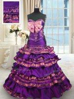 Hot Selling Taffeta Sleeveless Quinceanera Dresses Brush Train and Appliques and Ruffled Layers and Bowknot