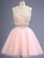 Knee Length Lace Up Damas Dress Peach for Prom and Party and Wedding Party with Beading