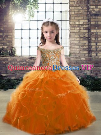 Floor Length Orange Pageant Dress Wholesale Off The Shoulder Sleeveless Lace Up