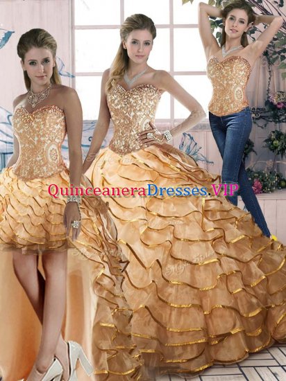 Gold Sleeveless Brush Train Ruffled Layers 15 Quinceanera Dress - Click Image to Close