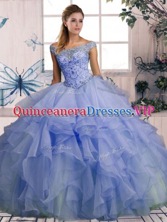 Noble Organza Off The Shoulder Sleeveless Lace Up Beading and Ruffles Sweet 16 Dress in Lavender