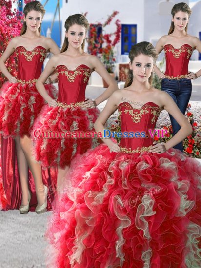 Captivating Four Piece Sweetheart Sleeveless Lace Up Ball Gown Prom Dress Red Organza - Click Image to Close