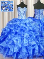 Gorgeous Blue Ball Gowns Sweetheart Sleeveless Organza Floor Length Lace Up Beading and Ruffles 15th Birthday Dress