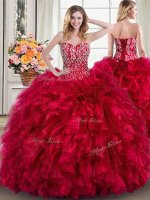 Sweetheart Sleeveless Sweet 16 Dress Brush Train Beading and Ruffles Red Organza