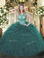 Adorable Scoop Sleeveless Lace Up 15th Birthday Dress Teal Organza
