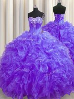 Vintage Purple Quinceanera Gowns Organza Brush Train Sleeveless Beading and Ruffles(SKU PSSW0433-5BIZ)
