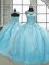 Aqua Blue Ball Gowns Tulle Scoop Sleeveless Beading Lace Up Sweet 16 Dress Brush Train