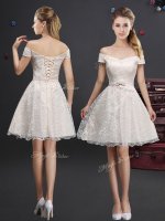 Fitting Champagne A-line Off The Shoulder Sleeveless Lace Knee Length Lace Up Lace and Appliques Quinceanera Court Dresses