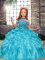 Fashionable Sleeveless Organza Floor Length Lace Up Kids Formal Wear in Aqua Blue with Beading and Ruffles