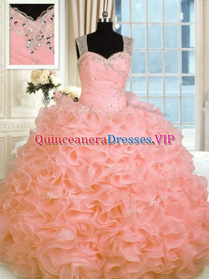 Chic Watermelon Red Zipper Quinceanera Gown Beading and Ruffles Sleeveless Floor Length - Click Image to Close