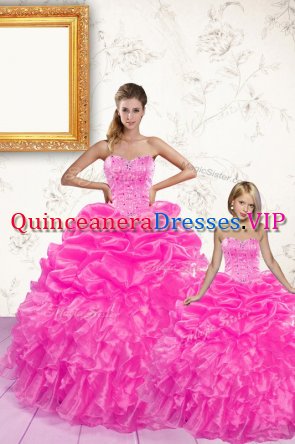 Flirting Hot Pink Sleeveless Beading and Ruffles and Pick Ups Floor Length Sweet 16 Dresses
