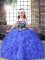 Blue Tulle Lace Up Custom Made Sleeveless Floor Length Embroidery and Ruffles