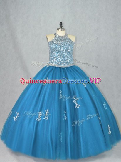 Stunning Halter Top Sleeveless Lace Up 15 Quinceanera Dress Blue Tulle - Click Image to Close