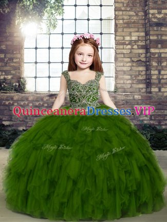 Olive Green Tulle Lace Up Straps Sleeveless Floor Length Little Girls Pageant Dress Wholesale Beading and Ruffles