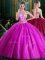 Halter Top Tulle High-neck Sleeveless Lace Up Beading and Lace and Appliques Quinceanera Gown in Fuchsia
