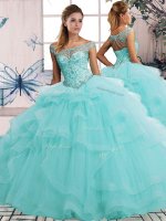 Superior Aqua Blue Lace Up Off The Shoulder Beading and Ruffles Quinceanera Gown Tulle Sleeveless(SKU SJQDDT2093002BIZ)
