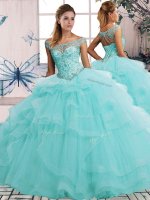Superior Aqua Blue Lace Up Off The Shoulder Beading and Ruffles Quinceanera Gown Tulle Sleeveless