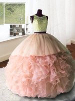Scoop Sleeveless Juniors Party Dress With Brush Train Beading and Lace and Ruffles Baby Pink Organza and Tulle and Lace