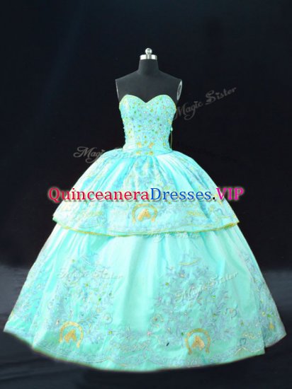 Aqua Blue Ball Gowns Satin Sweetheart Sleeveless Embroidery Floor Length Lace Up Sweet 16 Dress - Click Image to Close