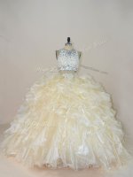 Decent Organza High-neck Sleeveless Brush Train Zipper Beading and Lace 15 Quinceanera Dress in Champagne
