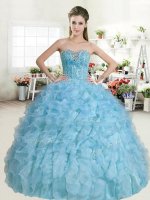Floor Length Baby Blue 15th Birthday Dress Sweetheart Sleeveless Lace Up