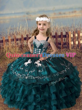Green Organza Lace Up Little Girl Pageant Gowns Sleeveless Floor Length Embroidery and Ruffled Layers