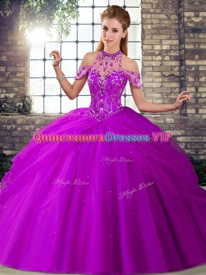 Purple Ball Gowns Beading and Pick Ups Quinceanera Dress Lace Up Tulle Sleeveless - Click Image to Close
