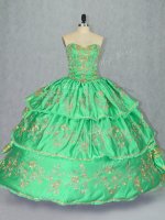 Beautiful Sweetheart Sleeveless Quinceanera Gown Floor Length Embroidery and Ruffled Layers Green Satin and Organza